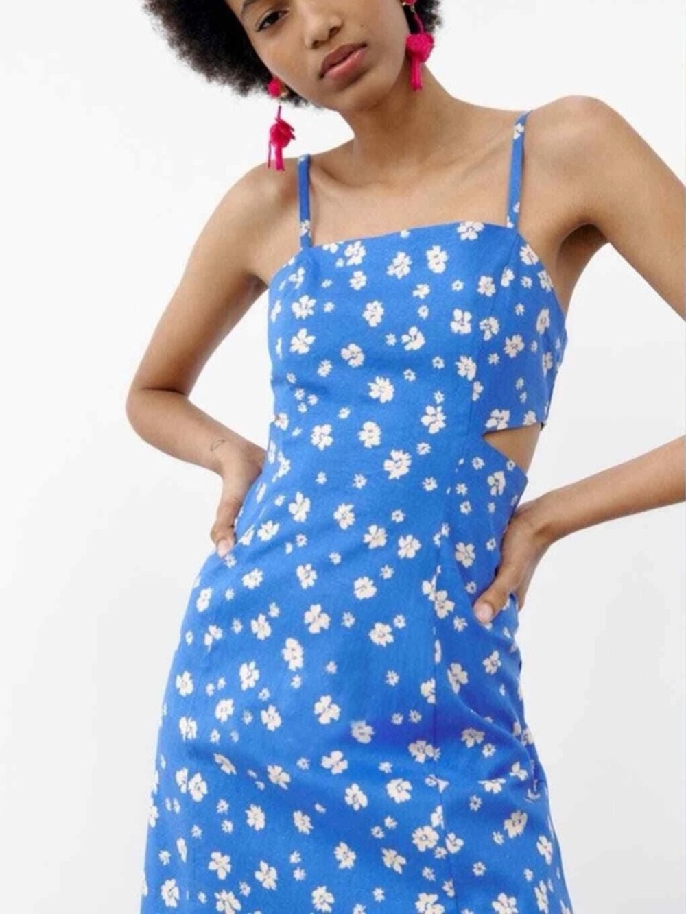 Zara Blue Floral Printed Cut Out Mini Dress